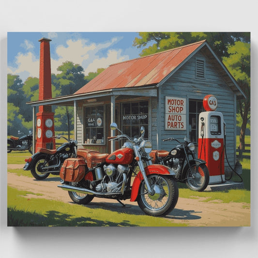 Vintage Motor Shop with Classic Motorcycles - Paint by Numbers Kit