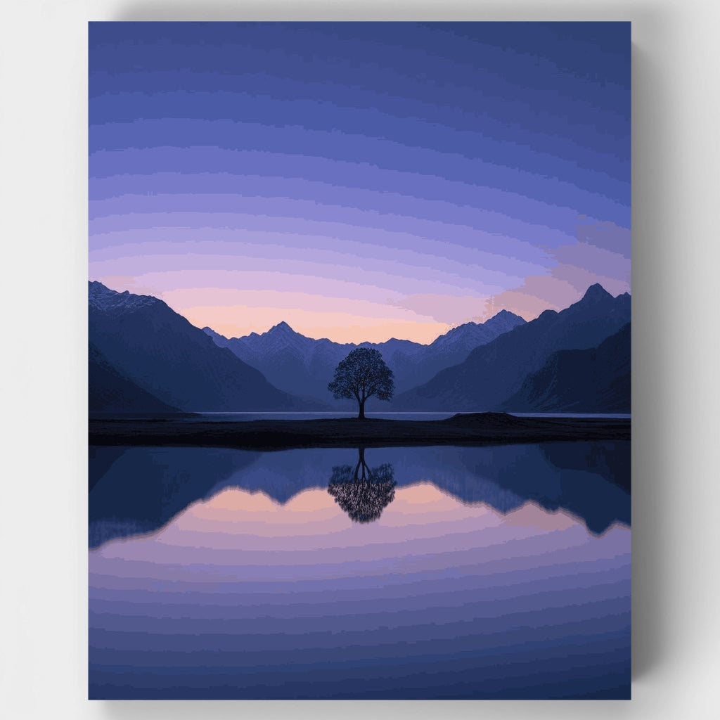 Lago de montaña al atardecer con árbol solitario - Kit de pintura por números — Estándar