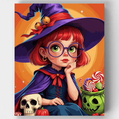 Cute Witch Girl with Halloween Treats - Paint by Numbers Kit