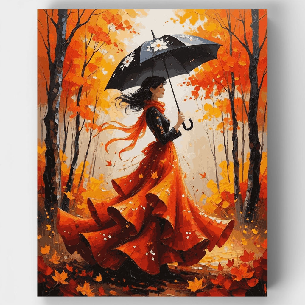Dama de otoño con paraguas negro - Kit de pintura por números — Estándar