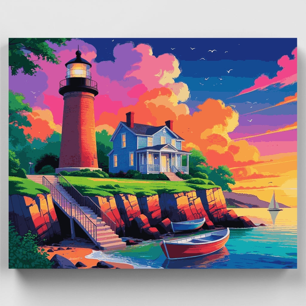 Kit de pintura por números: Pueblo costero con faro vibrante — Estándar