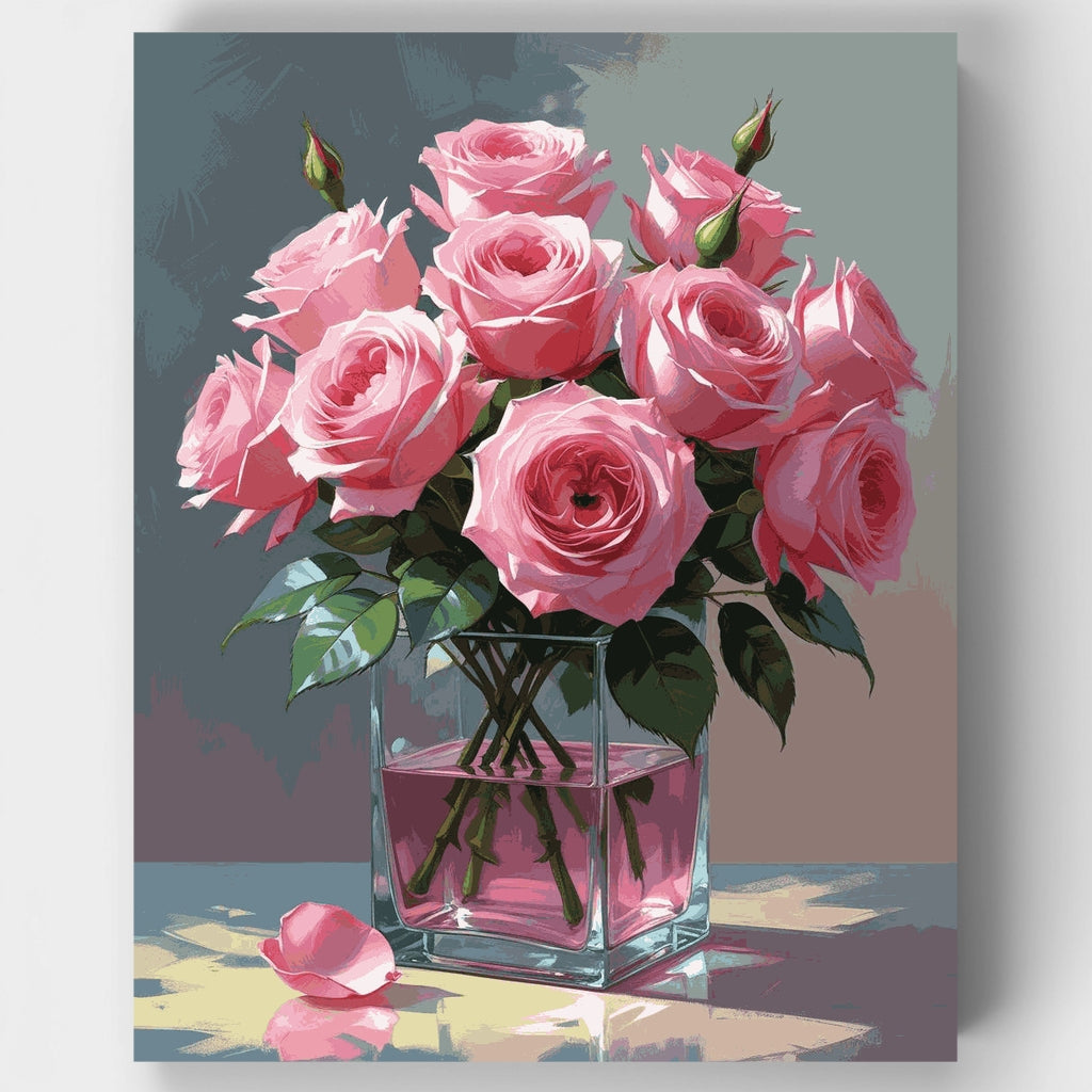 Romantic Pink Roses in Crystal Vase - Paint by Numbers Kit