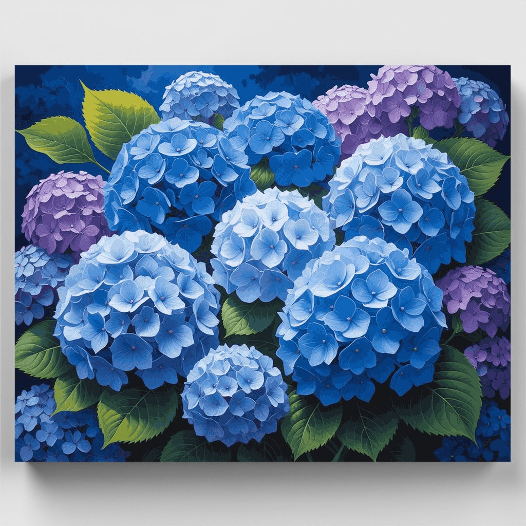 Kit de pintura por números: Jardín de hortensias azules y moradas — Estándar