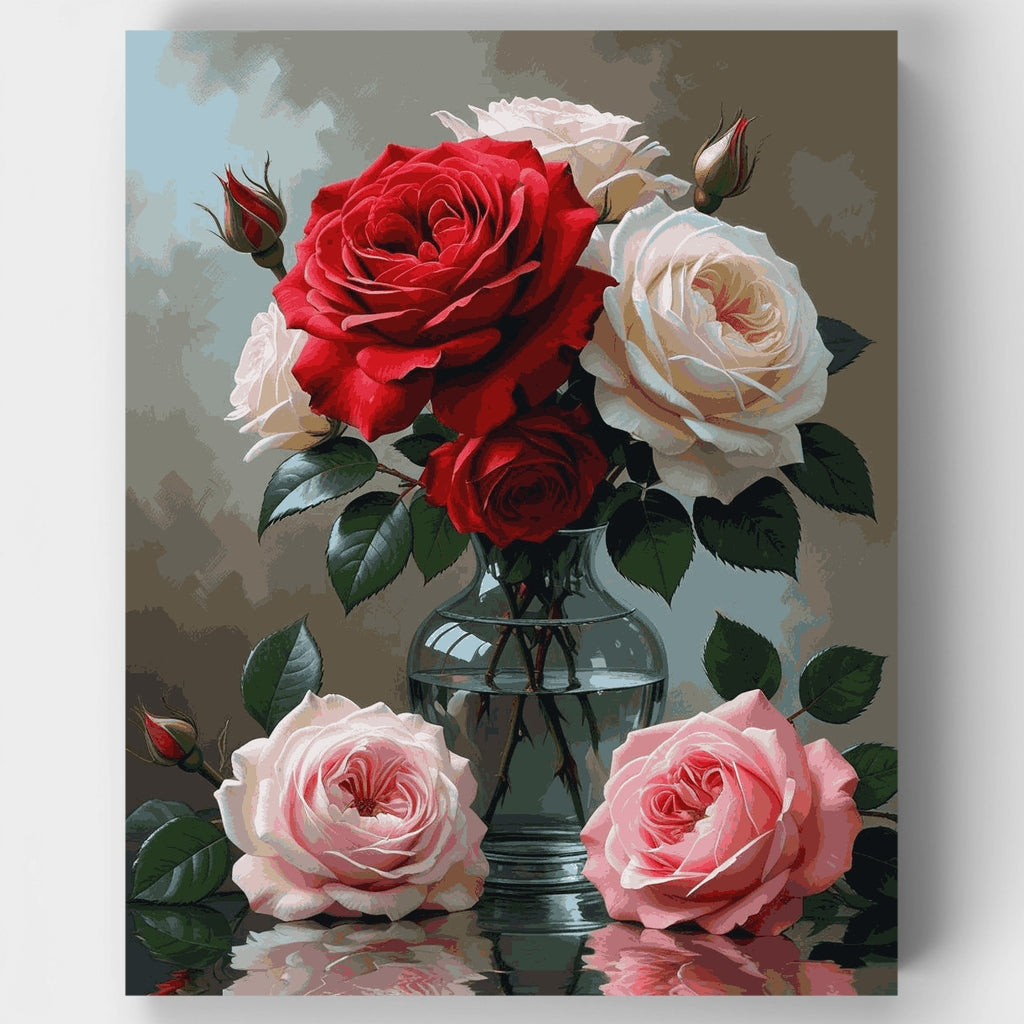 Rosas rojas y rosas en florero de cristal - Kit de pintura por números — Estándar