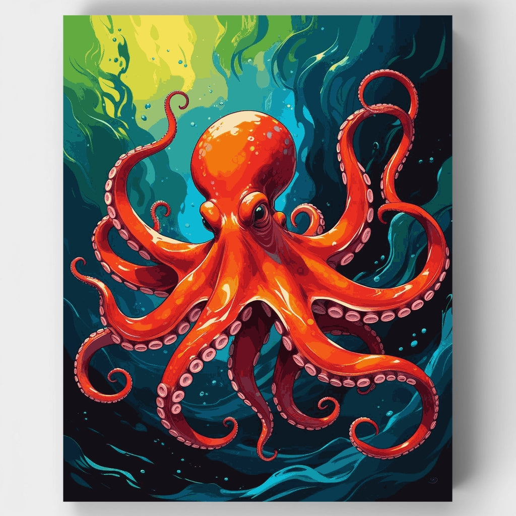 Pulpo naranja vibrante en aguas profundas del océano - Kit de pintura por números — Estándar