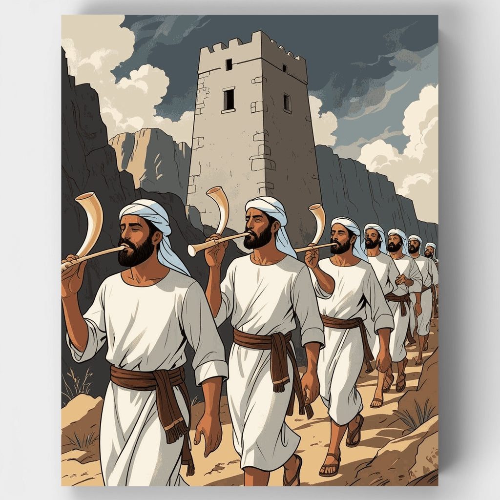 Priests with Horns Marching to Ancient Tower - Paint by Numbers Kit