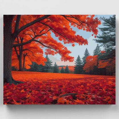 Autumn Forest with Vibrant Red Maple Leaves - Paint by Numbers Kit