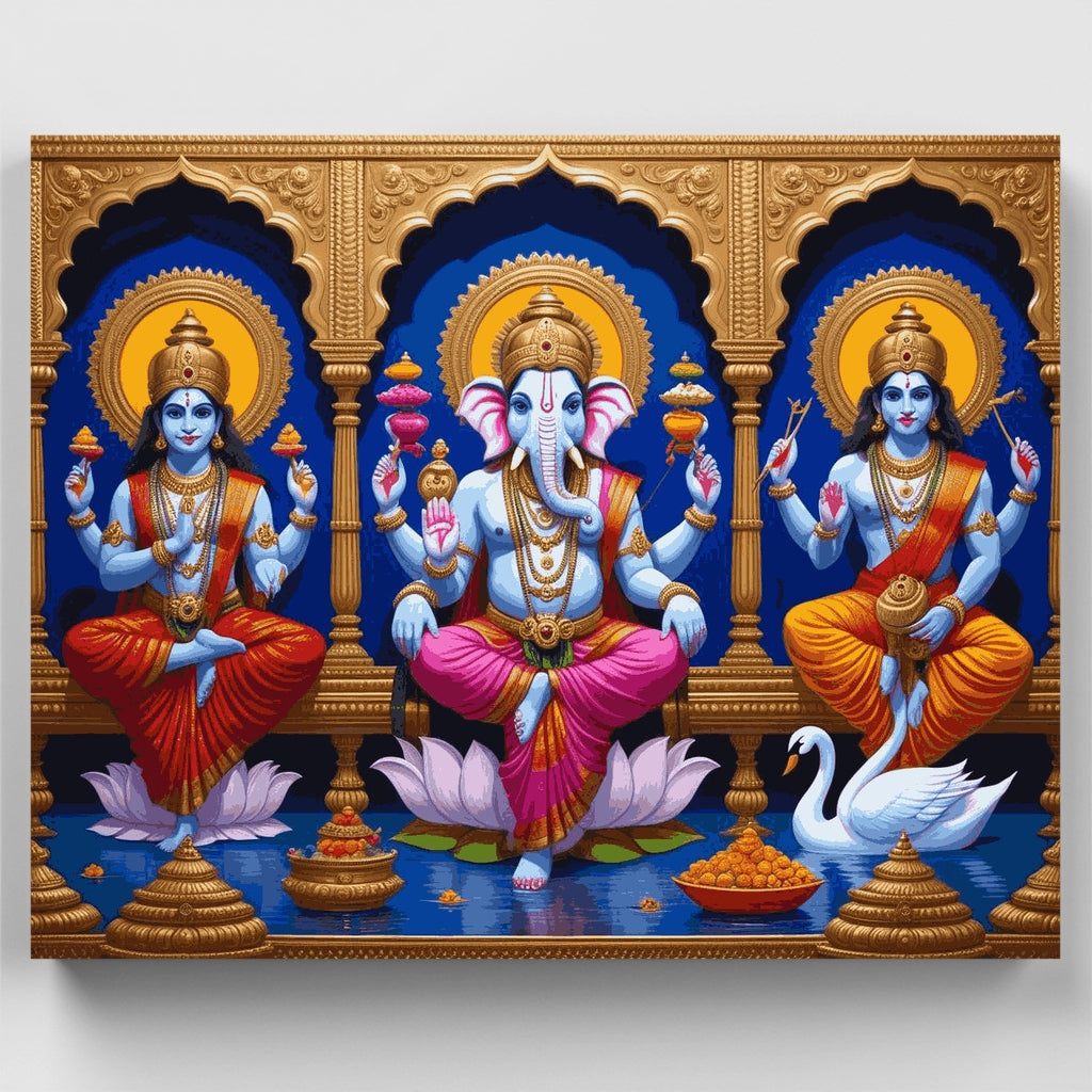 Kit de pintura por números de las deidades hindúes Lakshmi, Ganesha y Saraswati — Estándar