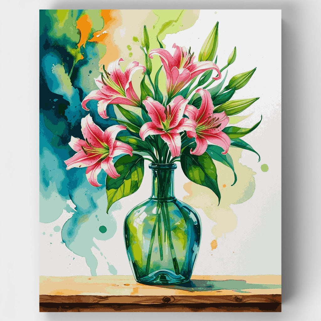 Pink Lilies in Glass Vase Watercolor - Paint by Numbers Kit