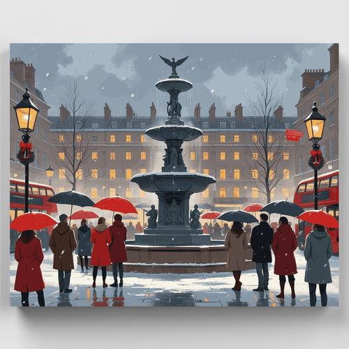 Winter City Square with Fountain - Paint by Numbers Kit