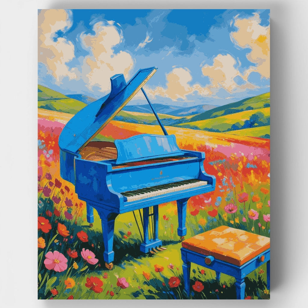 Piano azul en campo de flores silvestres - Kit de pintura por números — Estándar