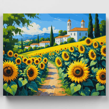 Tuscan Sunflower Field with Village Church - Paint by Numbers Kit