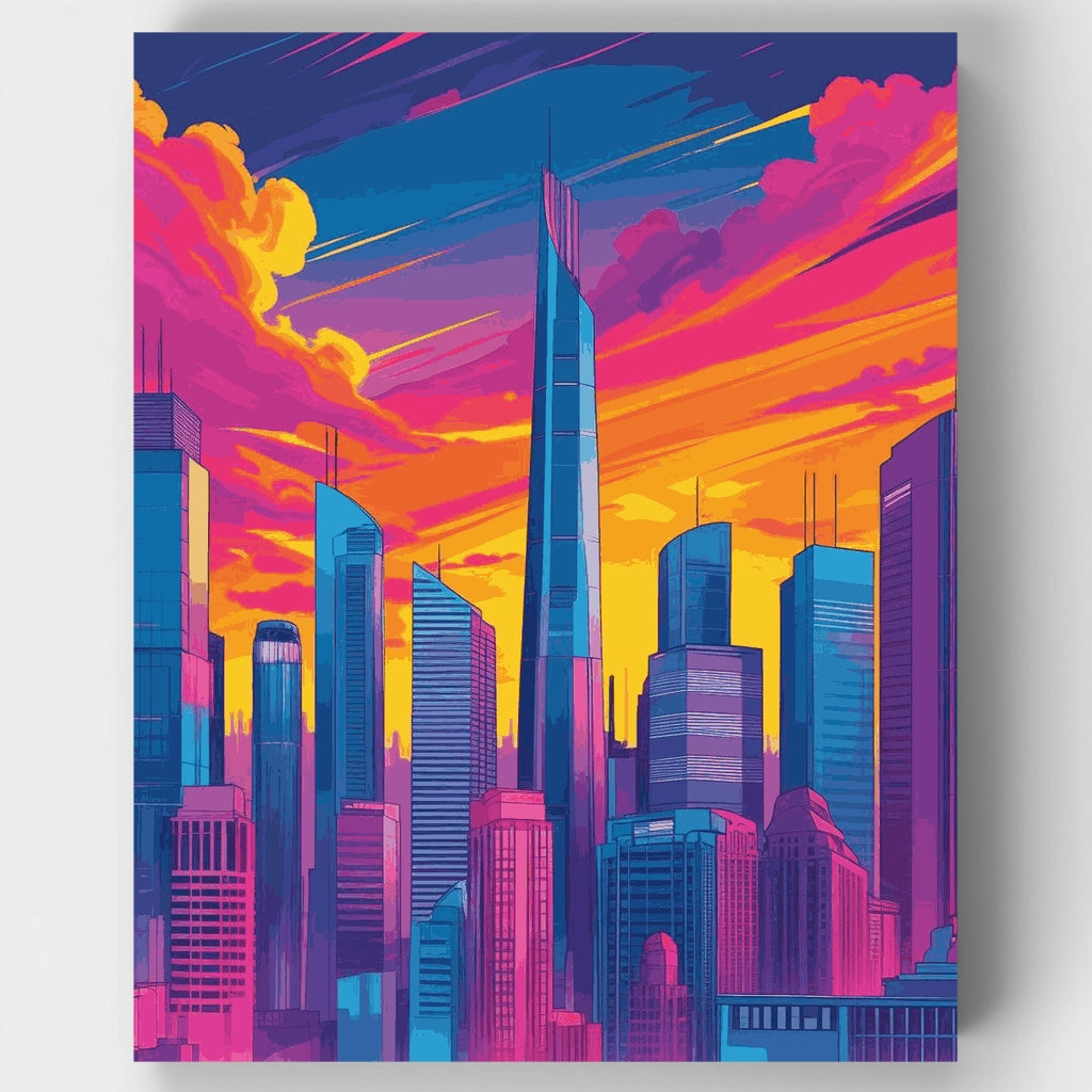 Kit de pintura por números: Horizonte de ciudad de neón vibrante — Estándar