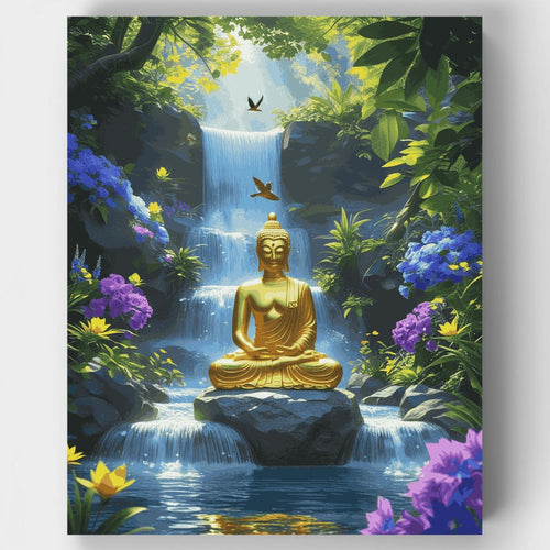 Golden Buddha in Waterfall Paradise - Paint by Numbers Kit