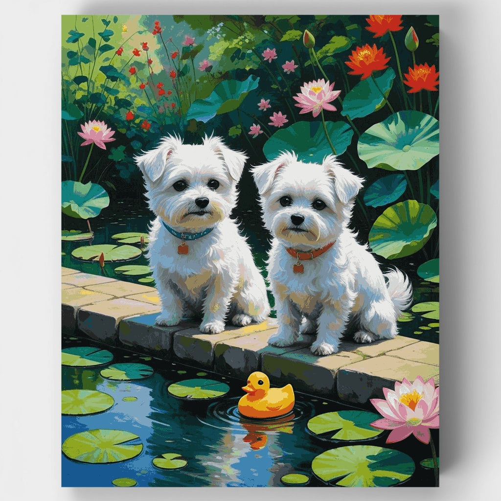Two Yorkies by the Lotus Pond - Paint by Numbers Kit
