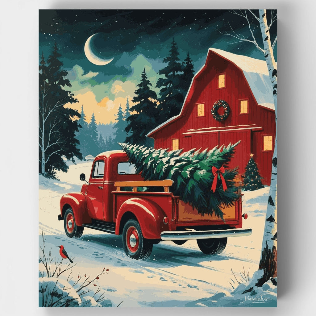 Kit de pintura por números: Granero navideño de invierno con camioneta roja — Estándar