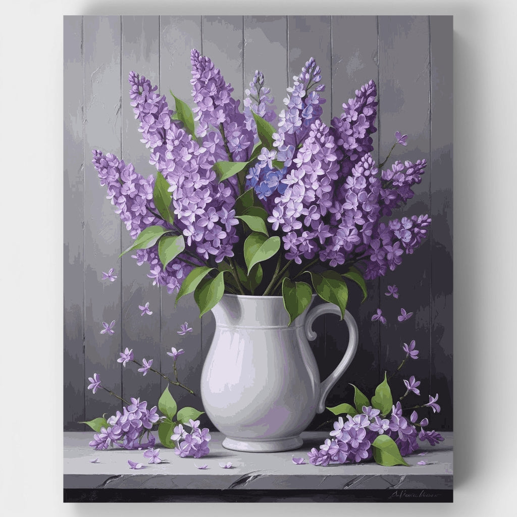 Lilas moradas en jarra blanca - Kit de pintura por números — Estándar