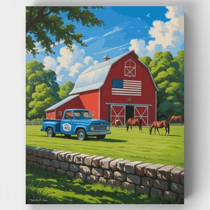 American Farm with Red Barn and Vintage Truck - Paint by Numbers Kit