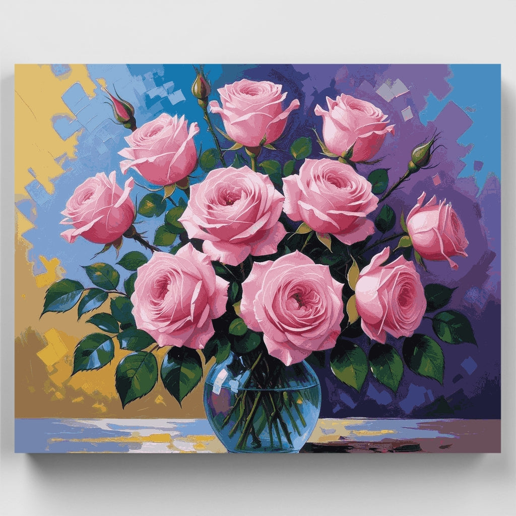 10 rosas rosadas en florero de cristal - Kit de pintura por números — Estándar