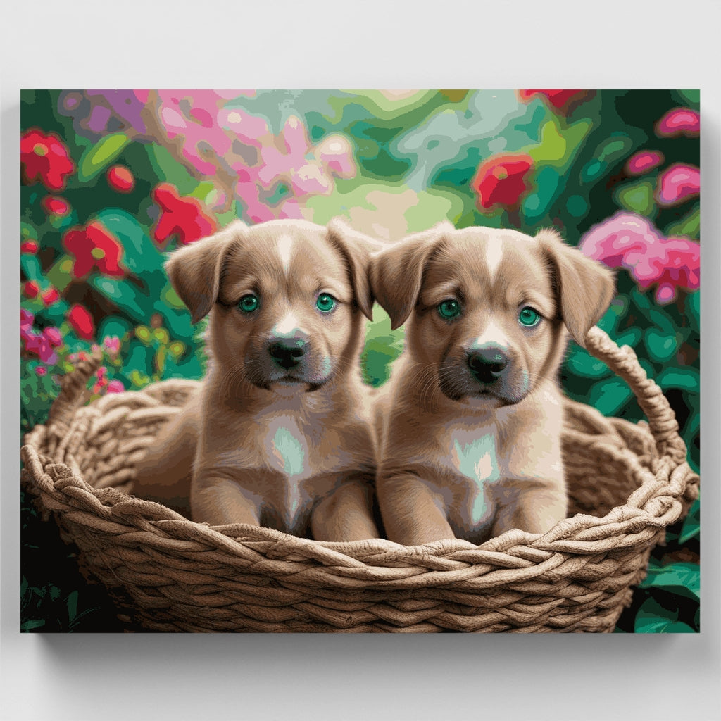 Cachorros adorables en una cesta - Kit de pintura por números — Estándar