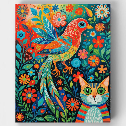 Vibrant Folk Art Bird and Cat Garden - Paint by Numbers Kit