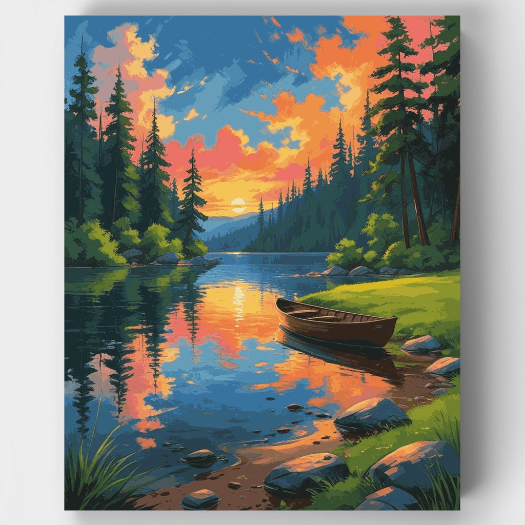 Tranquil Lake Sunset with Canoe - Paint by Numbers Kit