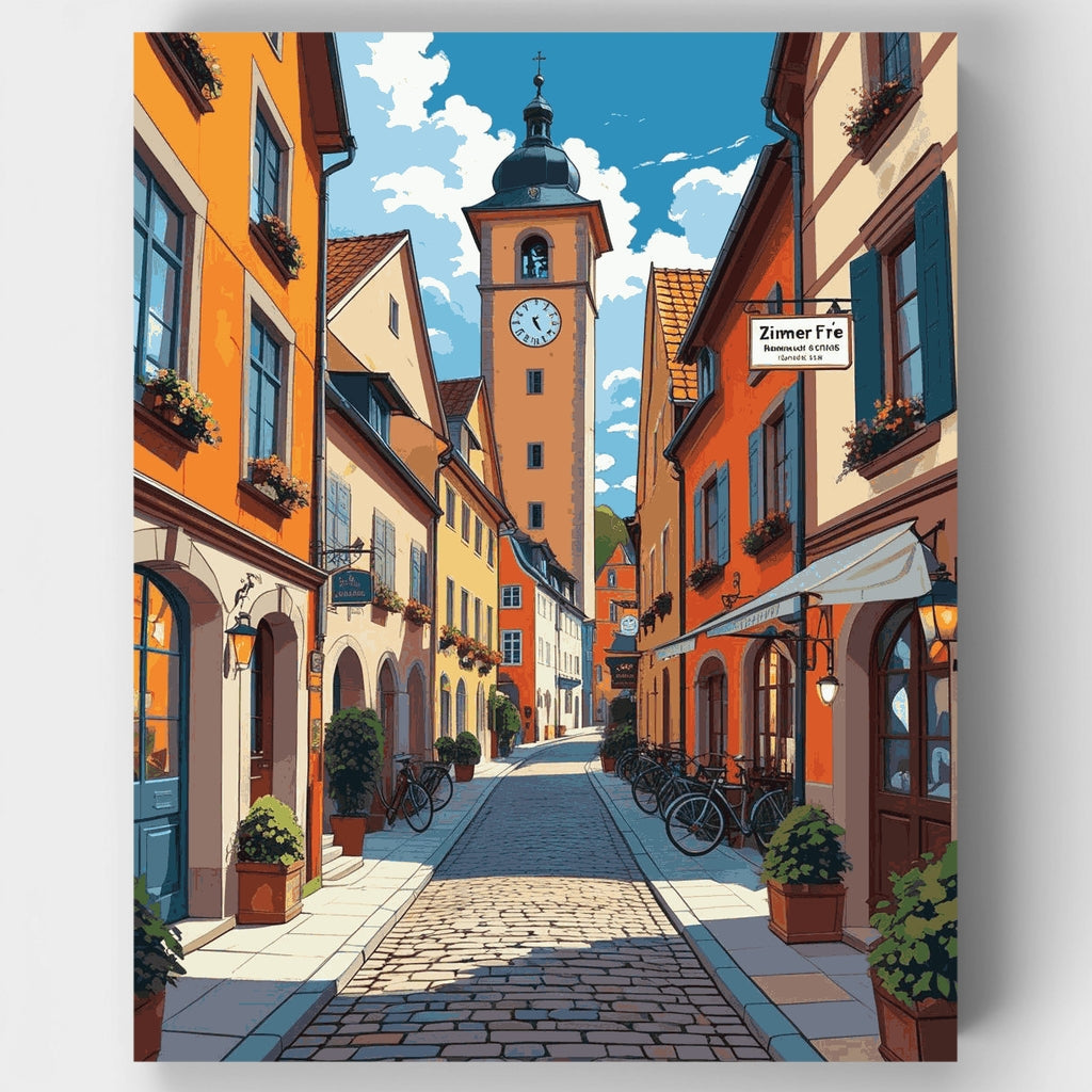 Calle de pueblo europeo con torre de reloj - Kit de pintura por números — Estándar