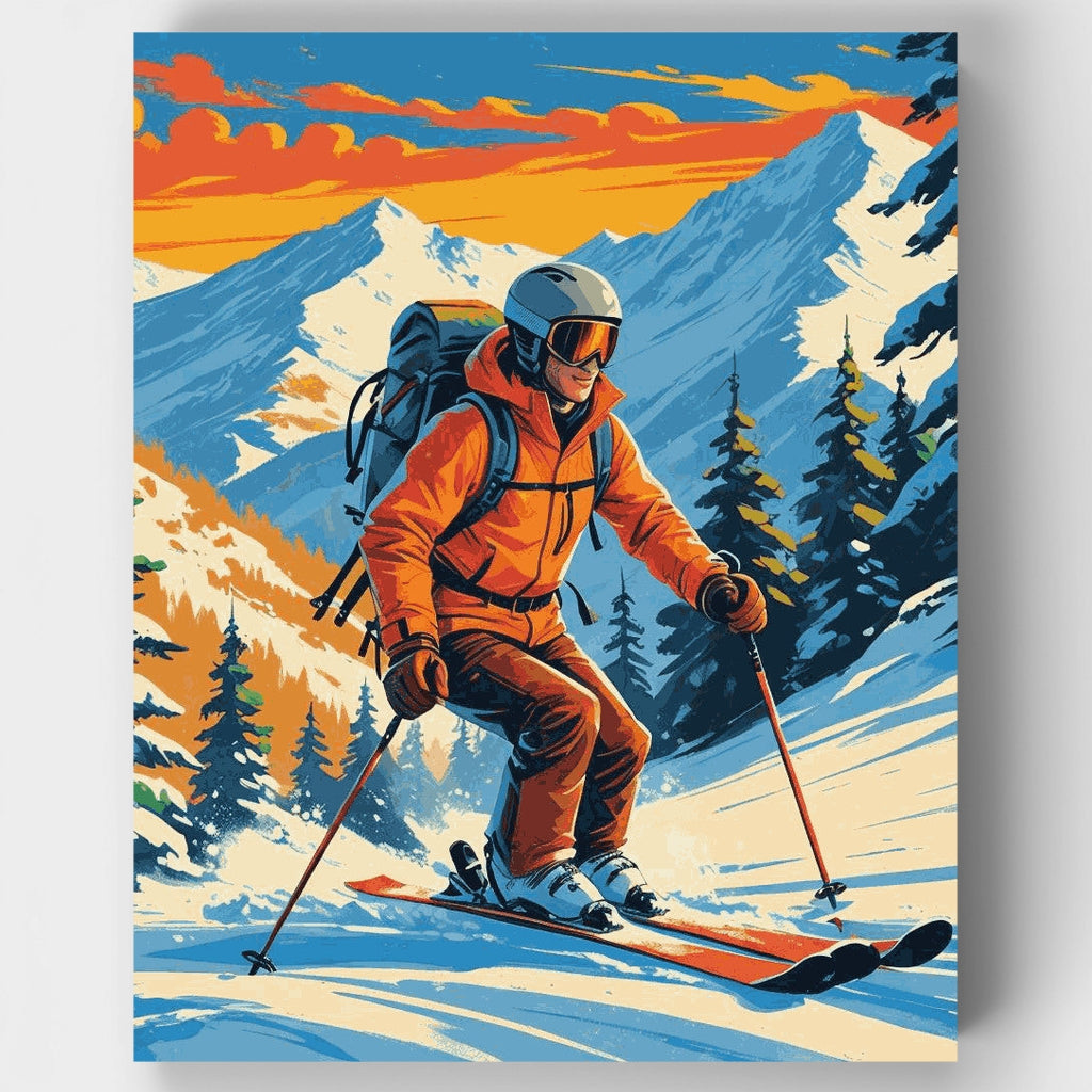 Kit de pintura por números - Atardecer en la montaña con esquí — Estándar