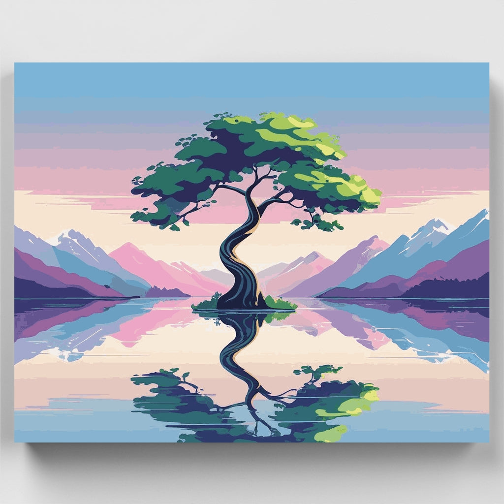 Kit de pintura por números: Reflejo del lago en la montaña del árbol retorcido — Estándar