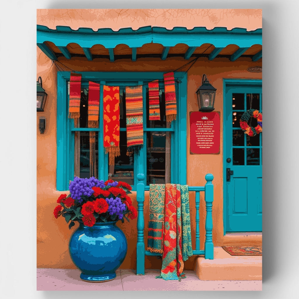 Casa de adobe mexicana con textiles coloridos - Kit de pintura por números — Estándar