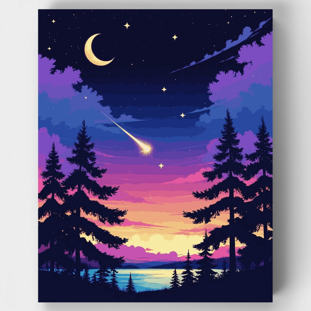 Lago del bosque bajo las estrellas con estrella fugaz - Kit de pintura por números — Estándar