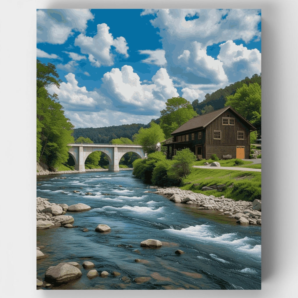 Scenic River Mill with Stone Bridge - Paint by Numbers Kit