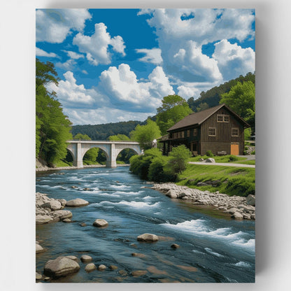 Scenic River Mill with Stone Bridge - Paint by Numbers Kit