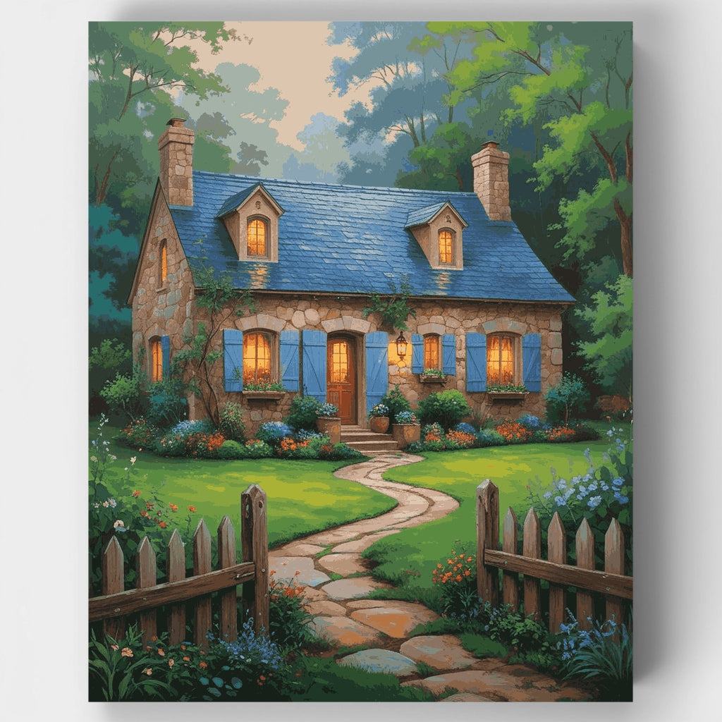 Encantadora cabaña de piedra con contraventanas azules - Kit de pintura por números — Estándar