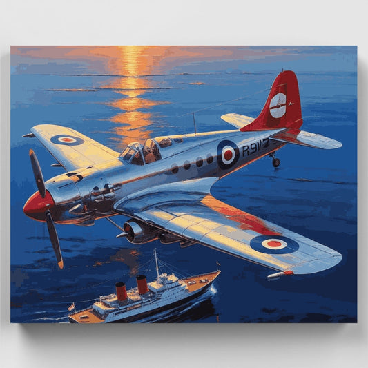 Vintage Aircraft Over Ocean Sunset - Paint by Numbers Kit