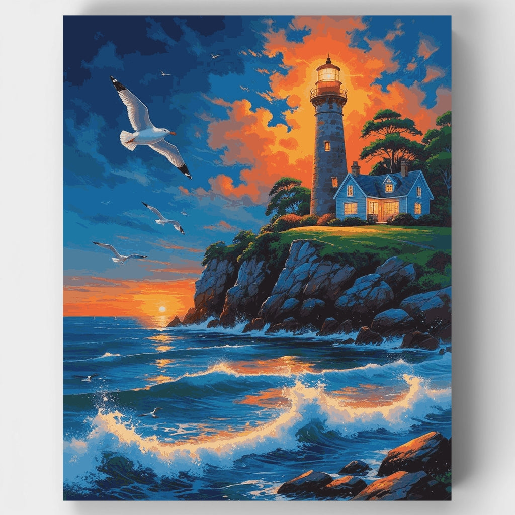 Escena dramática de atardecer en el faro - Kit de pintura por números — Estándar