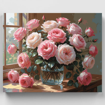 Pink Roses in Glass Vase by Window - Paint by Numbers Kit