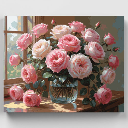 Pink Roses in Glass Vase by Window - Paint by Numbers Kit