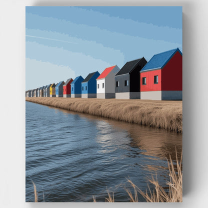 Colorful Beach Huts by the Water - Paint by Numbers Kit