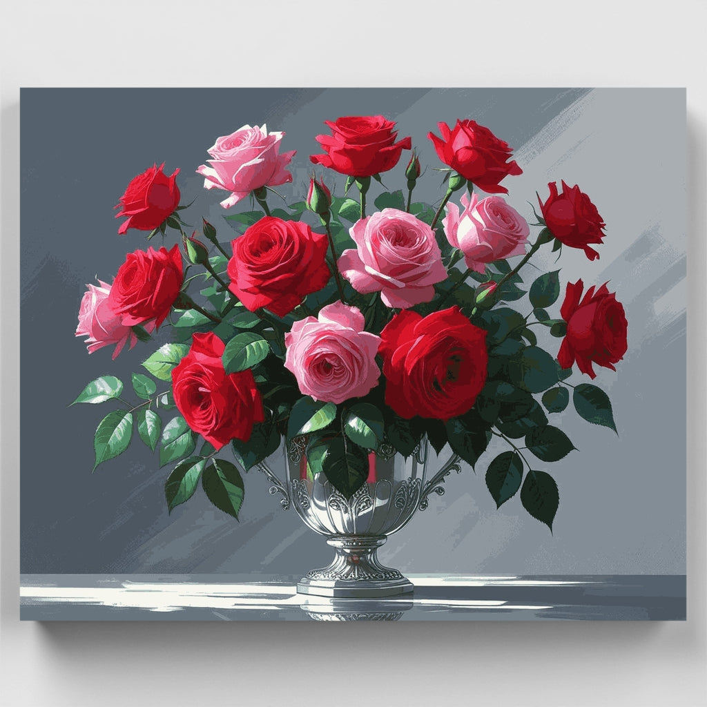 Elegant Rose Bouquet in Silver Vase - Paint by Numbers Kit
