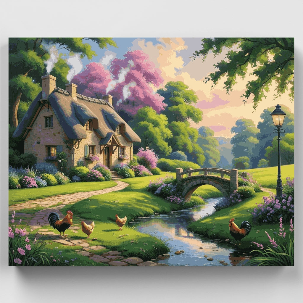 Escena de jardín de cabaña inglesa encantadora: kit de pintura por números — Estándar