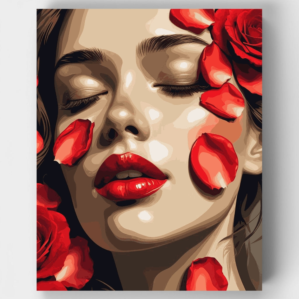 Mujer con pétalos de rosa roja - Kit de pintura por números — Estándar