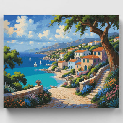 Idyllic Mediterranean Seaside Town with Stone Pathway - Paint by Numbers Kit