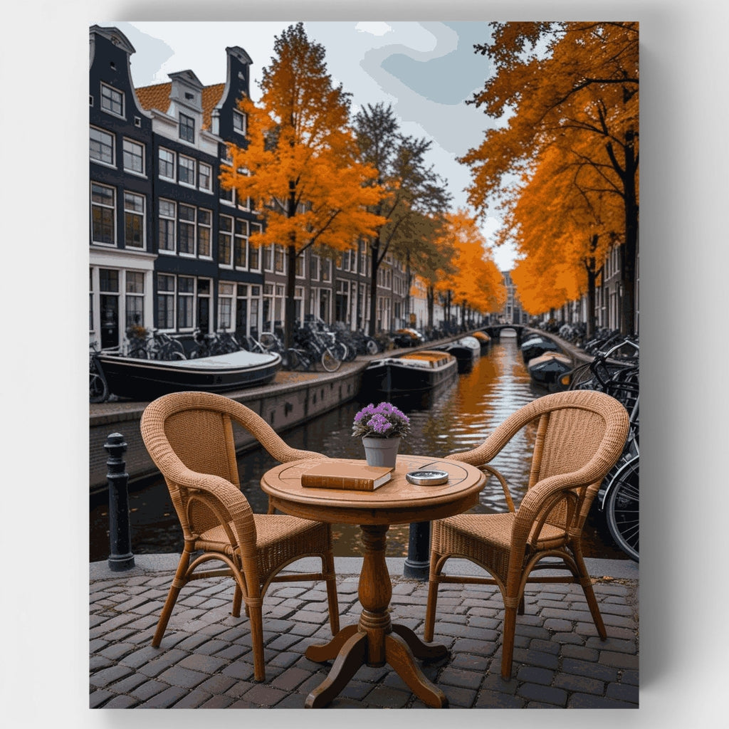 Kit de pintura por números: Café de otoño en los canales de Ámsterdam — Estándar