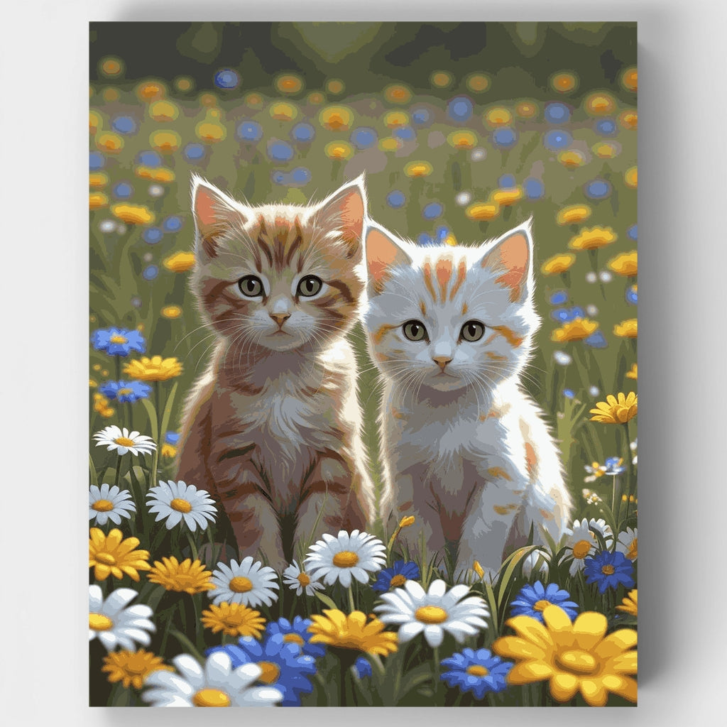 Dos gatitos adorables en un prado de flores silvestres - Kit de pintura por números — Estándar