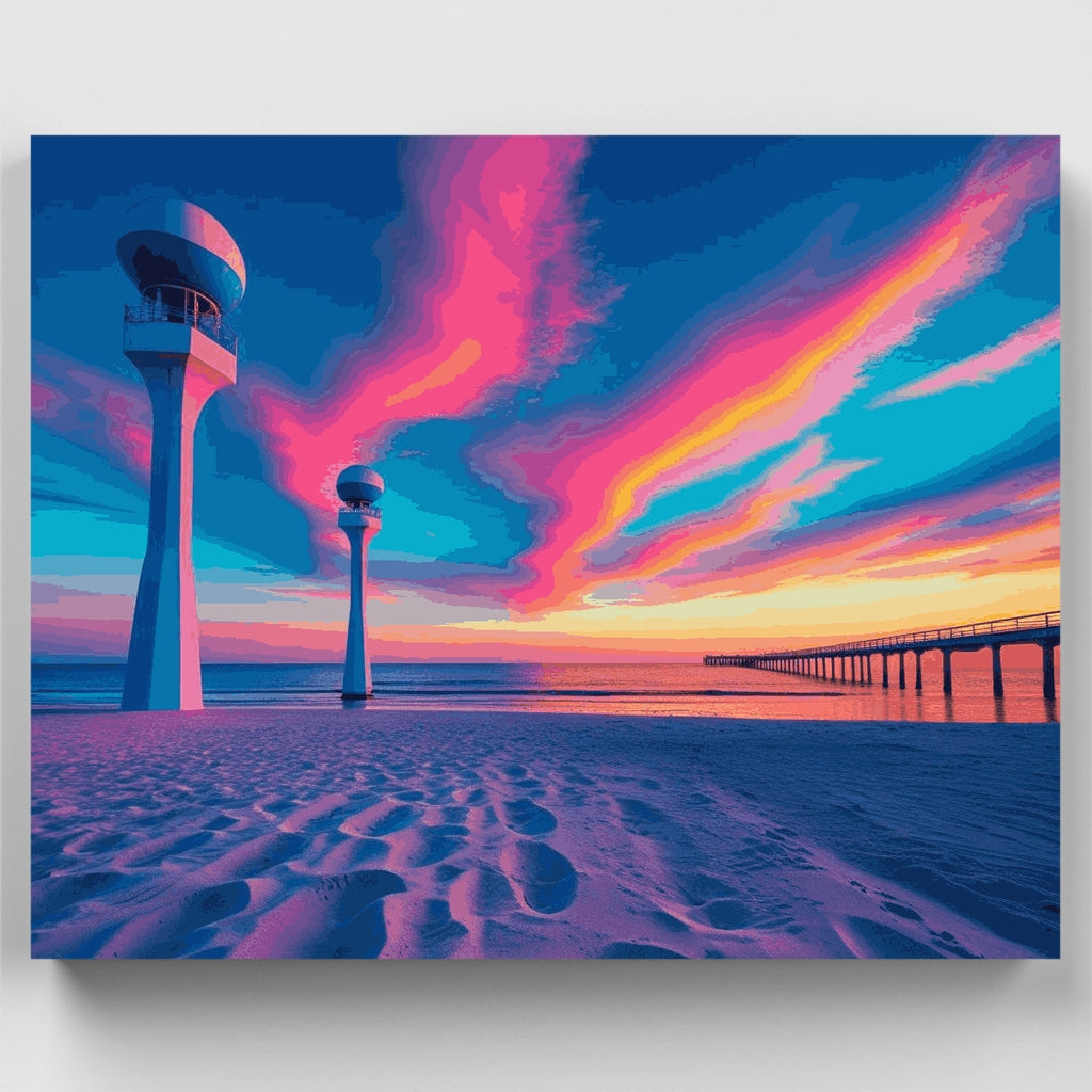 Kit de pintura por números: Atardecer vibrante en el faro de la costa — Estándar