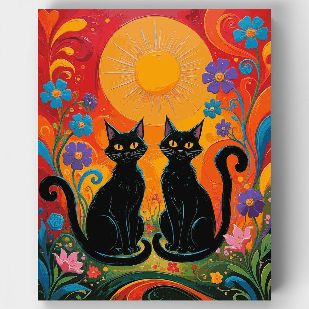 Dos gatos negros en un jardín colorido - Kit de pintura por números — Estándar