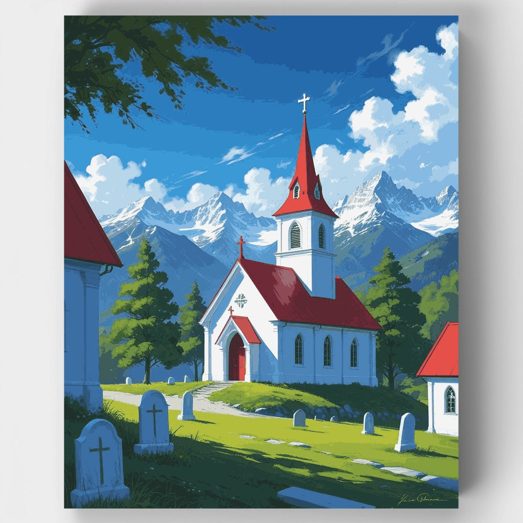 Iglesia alpina con vista a la montaña - Kit de pintura por números — Estándar