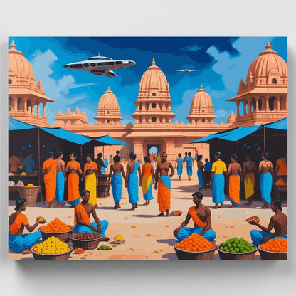Futuristic Indian Temple Market - Paint by Numbers Kit
