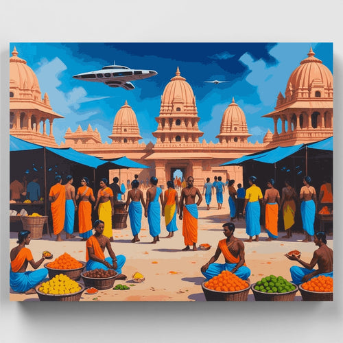 Futuristic Indian Temple Market - Paint by Numbers Kit